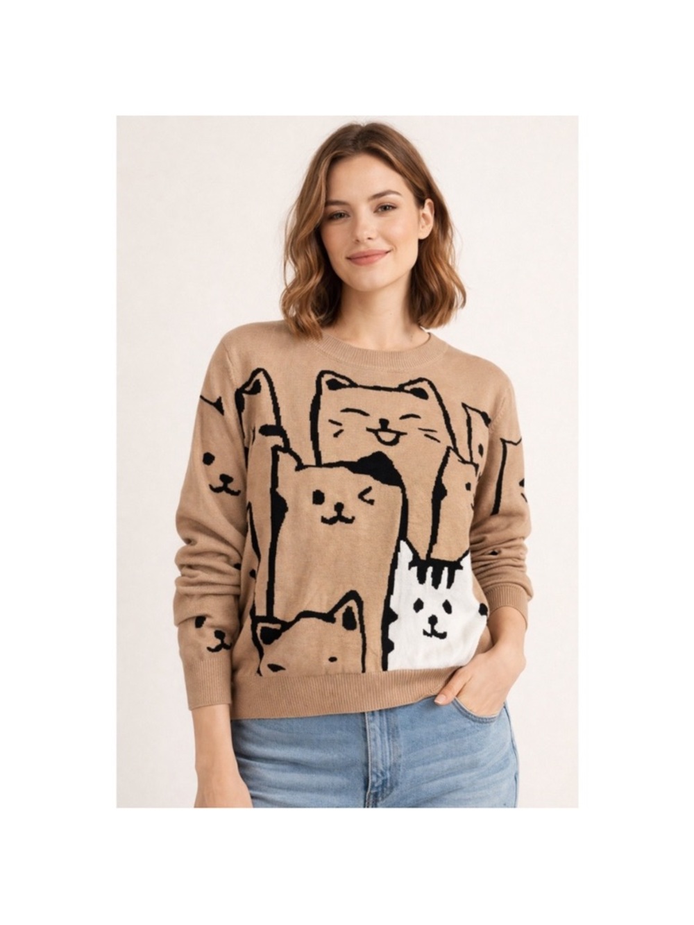 Lizette Collection‎ Cat Print Tan Sweater size medium